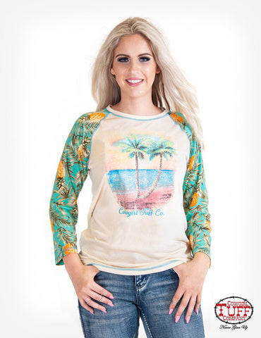 Cowgirl Tuff Womens Pineapple Beach Multi-Color Cotton Blend L/S T-Shirt