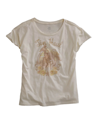 Tin Haul Womens Buckin Cowgirl White 100% Cotton S/S T-Shirt