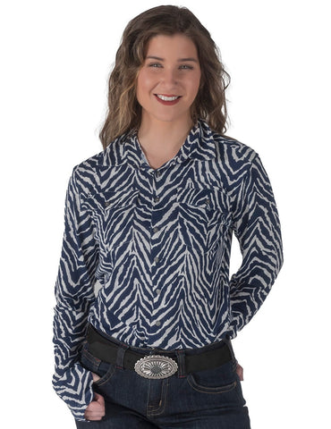 Cowgirl Tuff Womens Zebra Pullover Navy Polyester L/S Shirt