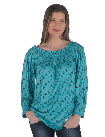 Cowgirl Tuff Womens Off Shoulder Top Turquoise Polyester L/S Blouse