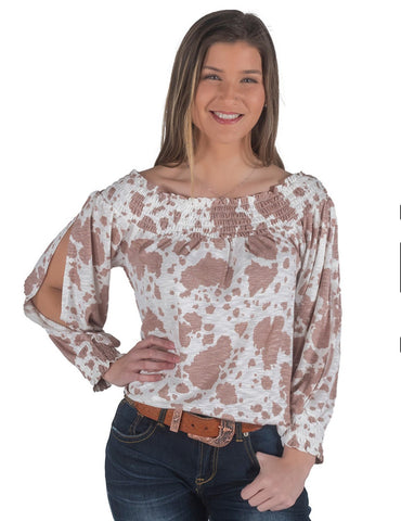 Cowgirl Tuff Womens Off-Shoulder Top Brown/White Cotton Blend L/S Blouse