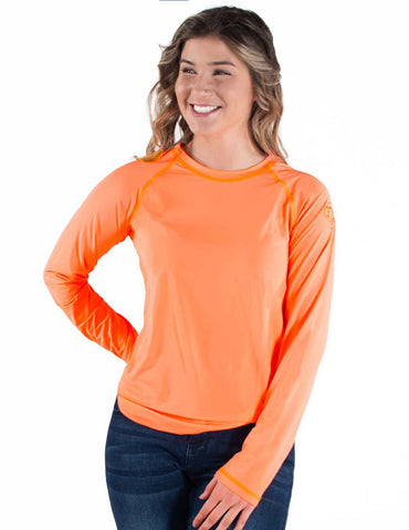 Cowgirl Tuff Womens Cooling UPF Baseball Tangerine Nylon L/S T-Shirt