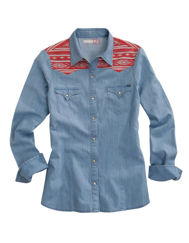 Tin Haul Womens Contrast Yokes Blue 100% Cotton L/S Shirt