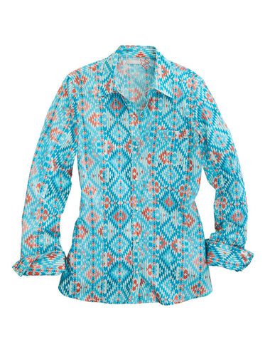 Tin Haul Womens Aztec Print Turquoise 100% Cotton L/S Shirt