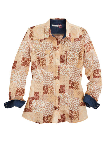 Tin Haul Womens Sunrise Patchwork Brown 100% Cotton L/S Shirt