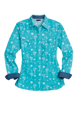 Tin Haul Womens Boho Cactus Print Green 100% Cotton L/S Shirt