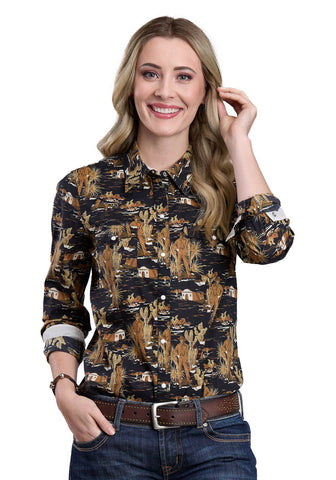 Tin Haul Womens Cowboy Print Black 100% Cotton L/S Shirt