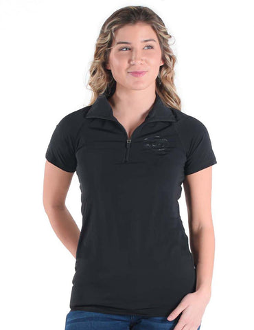 Cowgirl Tuff Womens Cooling UPF 1/4 Zip Black Nylon S/S T-Shirt