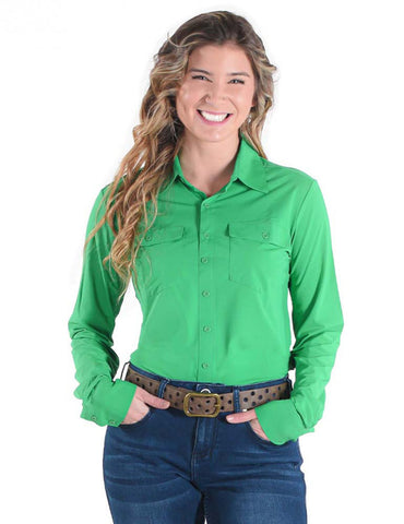 Cowgirl Tuff Womens Cooling UPF Button Up Money Green Nylon L/S Shirt