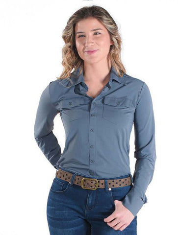 Cowgirl Tuff Womens Breathe Instant Pullover Steel Gray Nylon L/S Blouse