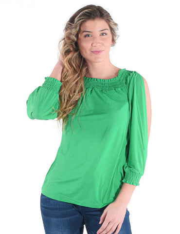 Cowgirl Tuff Womens Cooling UPF Off Shoulder Money Green Nylon L/S Blouse
