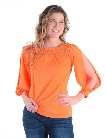 Cowgirl Tuff Womens Cooling UPF Off Shoulder Tangerine Nylon L/S Blouse