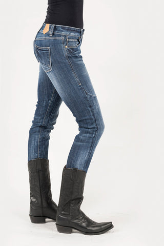 Tin Haul Womens Trixie Pieced Back Deco Blue Cotton Blend Jeans
