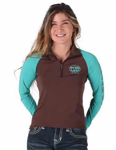 Cowgirl Tuff Womens UPF Quarter Zip Brown/Turquoise Nylon Softshell Jacket