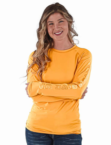 Cowgirl Tuff Womens Breathe Instant Baseball Gold Nylon L/S T-Shirt