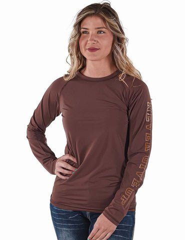 Cowgirl Tuff Womens Breathe Instant Baseball Brown Nylon L/S T-Shirt