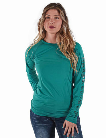 Cowgirl Tuff Womens Breathe Instant Baseball Jade Nylon L/S T-Shirt