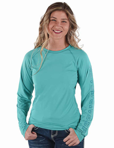 Cowgirl Tuff Womens Breathe Instant Baseball Turquoise Nylon L/S T-Shirt