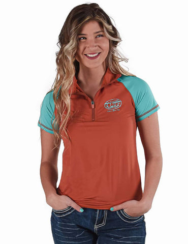 Cowgirl Tuff Womens Quarter Zip Cooling UPF Rust/Turquoise Nylon S/S T-Shirt