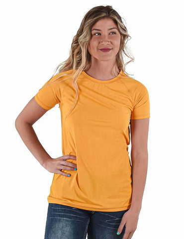 Cowgirl Tuff Womens Cooling UPF Raglan Baseball Gold Nylon S/S T-Shirt