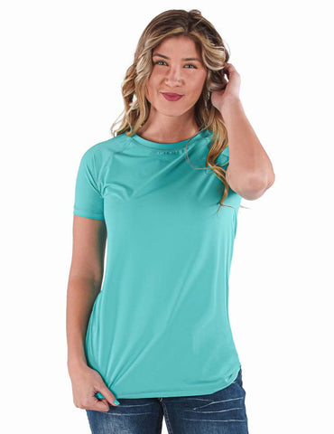 Cowgirl Tuff Womens Cooling UPF Raglan Baseball Turquoise Nylon S/S T-Shirt