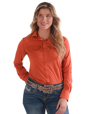 Cowgirl Tuff Womens Cooling Pullover Button Up Rust Nylon L/S Shirt