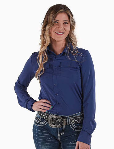 Cowgirl Tuff Womens Cooling Pullover Button Up Indigo Nylon L/S Shirt