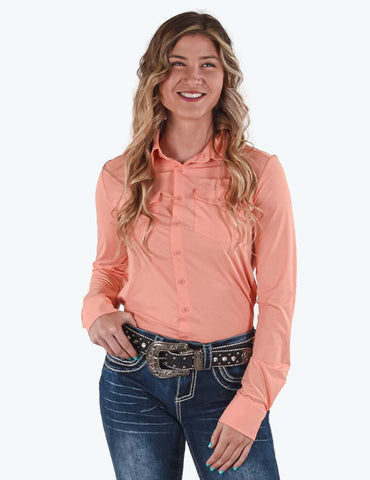 Cowgirl Tuff Womens Cooling Pullover Button Up Coral Nylon L/S Shirt