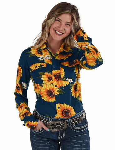 Cowgirl Tuff Womens Yellow Sunflowers Blue Poly/Spandex L/S Shirt