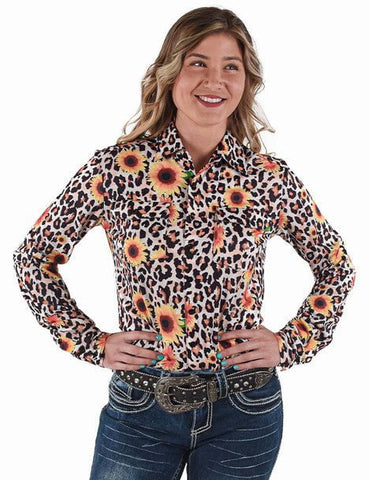 Cowgirl Tuff Womens Leopard and Sunflowers Multi-Color Polyester L/S Shirt