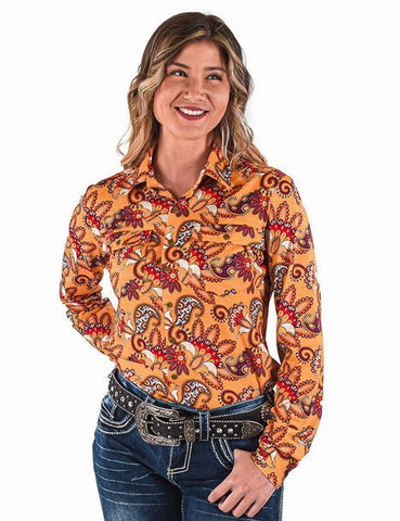 Cowgirl Tuff Womens Paisley Button Up Gold Poly/Spandex L/S Blouse