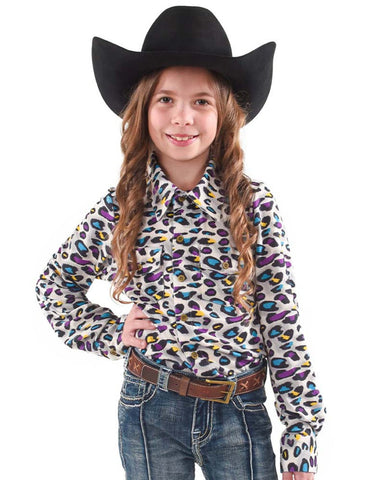 Cowgirl Tuff Kids Girls Pullover Leopard Yellow/Turquoise Polyester L/S Shirt
