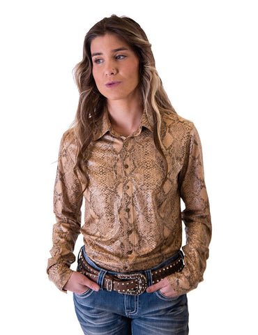 Cowgirl Tuff Womens Snakeskin Pullover Tan Polyester L/S Shirt