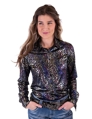 Cowgirl Tuff Womens Foil Leopard Pullover Multi-Color Polyester L/S Shirt
