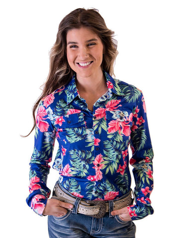 Cowgirl Tuff Womens Hawaiian Stretch Multi-Color Polyester L/S Shirt