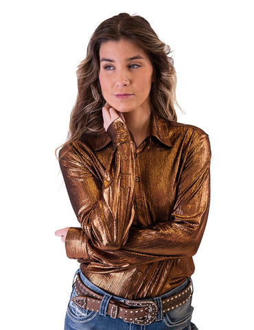 Cowgirl Tuff Womens Metallic Pullover Copper Polyester L/S Shirt