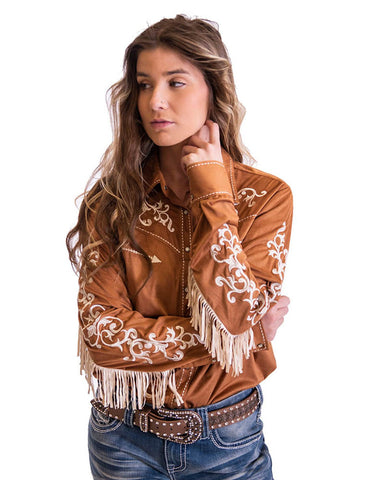 Cowgirl Tuff Womens Fringe Pullover Caramel/Cream Polyester L/S Shirt