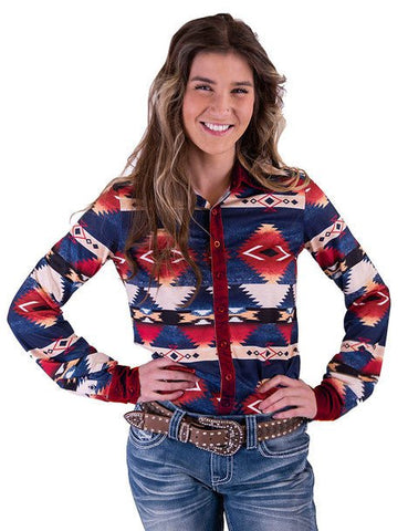 Cowgirl Tuff Womens Western Button Up Red/Blue Poly/Spandex L/S Shirt