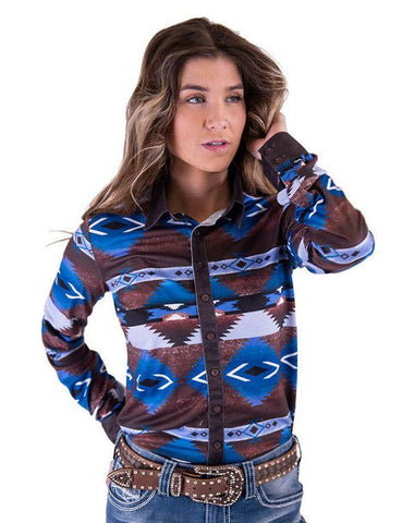 Cowgirl Tuff Womens Western Button Up Brown/Blue Poly/Spandex L/S Shirt
