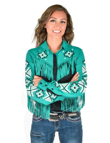 Cowgirl Tuff Womens Fringe Pullover Turquoise/Black Nylon L/S Shirt