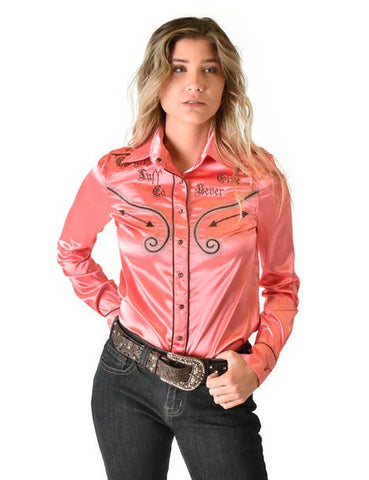 Cowgirl Tuff Womens Brown Satin Western Coral Nylon L/S Shirt