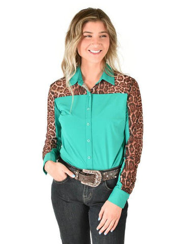 Cowgirl Tuff Womens Sheer Leopard Turquoise Poly/Spandex L/S Shirt