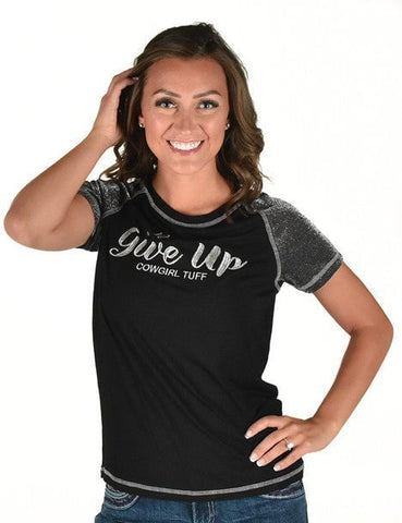 Cowgirl Tuff Womens Never Give Up Shimmer Black Nylon S/S T-Shirt