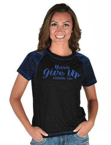 Cowgirl Tuff Womens Never Give Up Shimmer Blue Nylon S/S T-Shirt