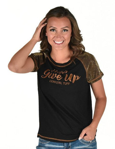 Cowgirl Tuff Womens Never Give Up Shimmer Copper Nylon S/S T-Shirt