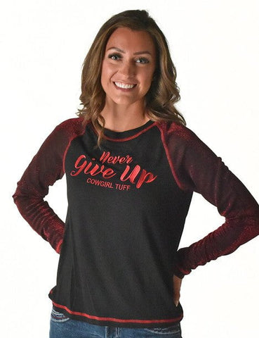 Cowgirl Tuff Womens Never Give Up Shimmer Dark Red Nylon L/S T-Shirt