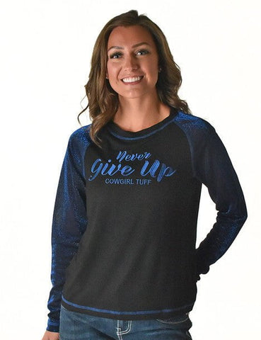 Cowgirl Tuff Womens Never Give Up Shimmer Blue Nylon L/S T-Shirt