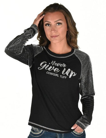 Cowgirl Tuff Womens Never Give Up Shimmer Silver Nylon L/S T-Shirt