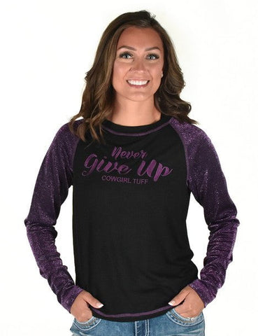 Cowgirl Tuff Womens Never Give Up Shimmer Purple Nylon L/S T-Shirt