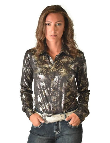 Cowgirl Tuff Womens Metallic Snakeskin Black Polyester L/S Shirt